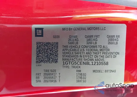 2020 GMC Canyon 2Wd Short Box Sle z USA, uszkodzony, nr VIN 1GTG5CEN8L1210558